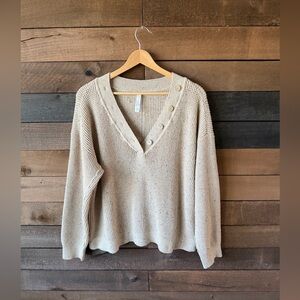 Tranquil & True Speckled Knit V Neck Button Sweater 2X